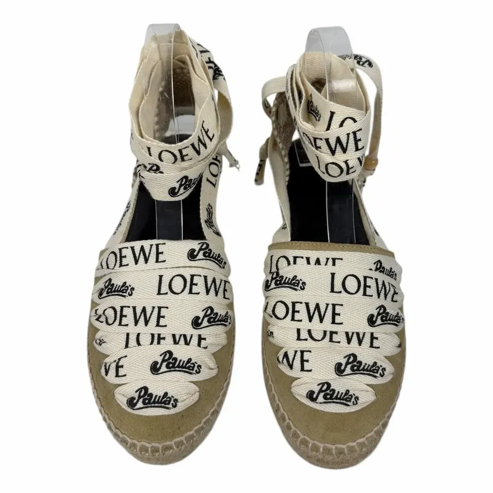 Loewe x Paula Ibiza Suede Ankle Tie Wedge Platform Espadrille Size 38